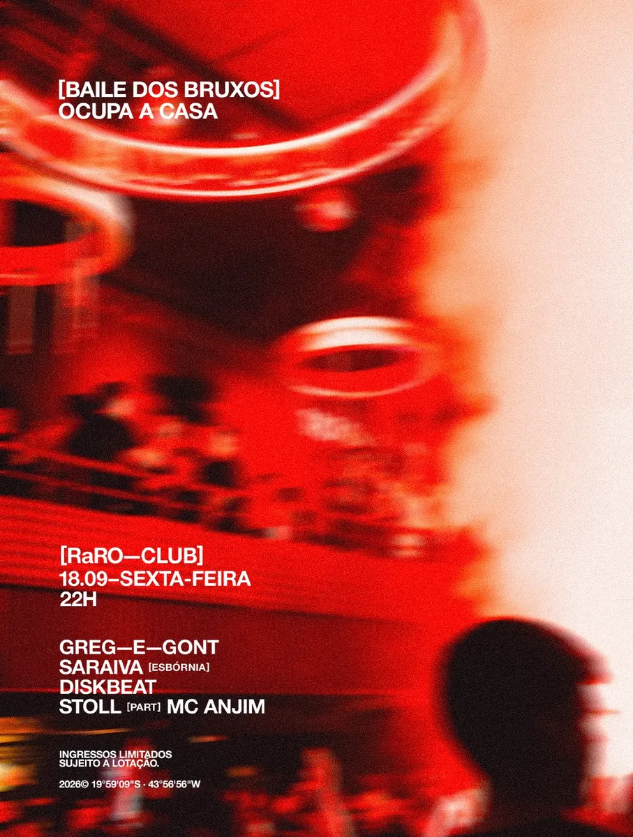 Cartaz vermelho: [Baile dos Bruxos] ocupa a casa, [RaRO—CLUB] 18.09, sexta-feira, 22h